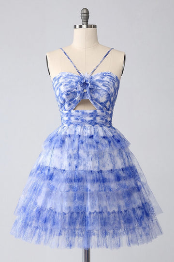 Blue Printed Cut-Out A-Line Tiered Homecoming Dress